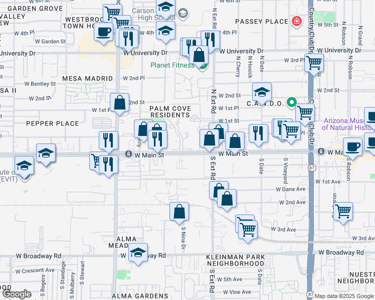 map of restaurants, bars, coffee shops, grocery stores, and more near 909 West Main Street in Mesa