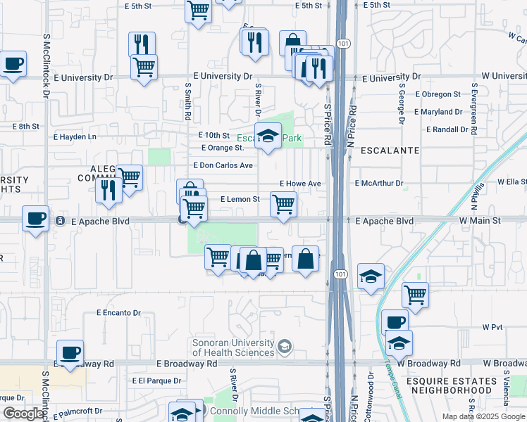 map of restaurants, bars, coffee shops, grocery stores, and more near 2106 East Apache Boulevard in Tempe