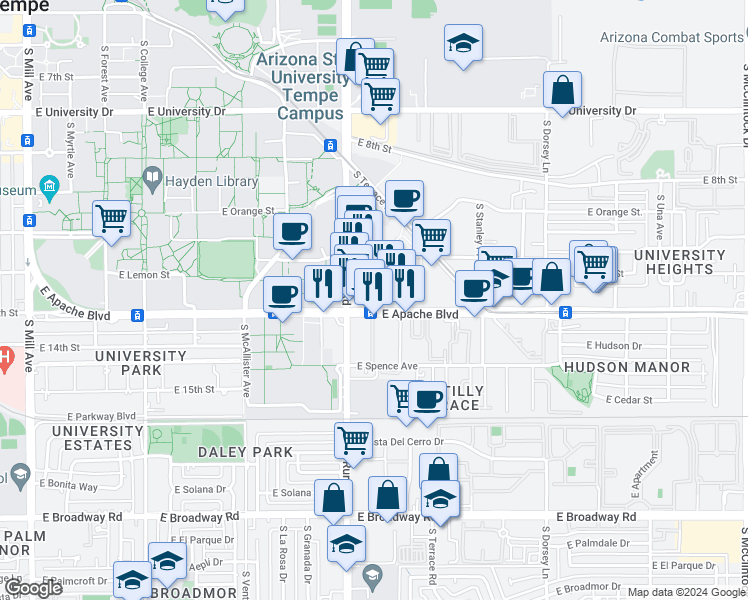map of restaurants, bars, coffee shops, grocery stores, and more near in Tempe