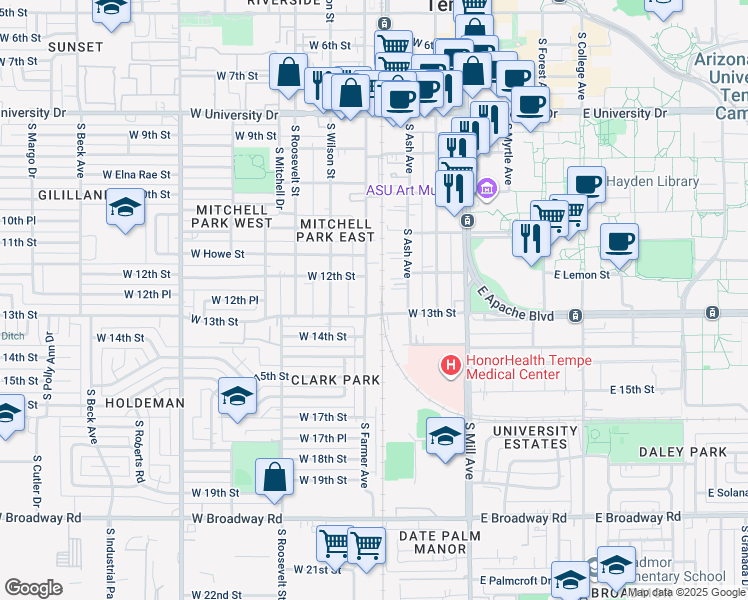 map of restaurants, bars, coffee shops, grocery stores, and more near 1217 South Farmer Avenue in Tempe