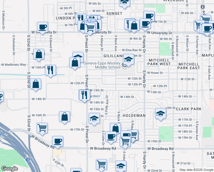 map of restaurants, bars, coffee shops, grocery stores, and more near 1254 West 12th Place in Tempe