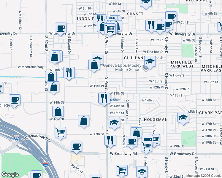 map of restaurants, bars, coffee shops, grocery stores, and more near 1354 West 12th Place in Tempe