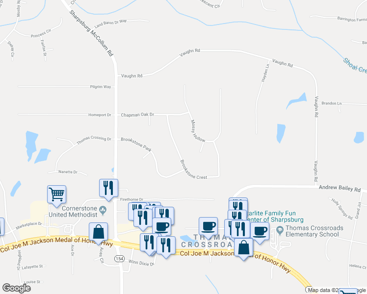 map of restaurants, bars, coffee shops, grocery stores, and more near 160 Brookstone Crest in Newnan