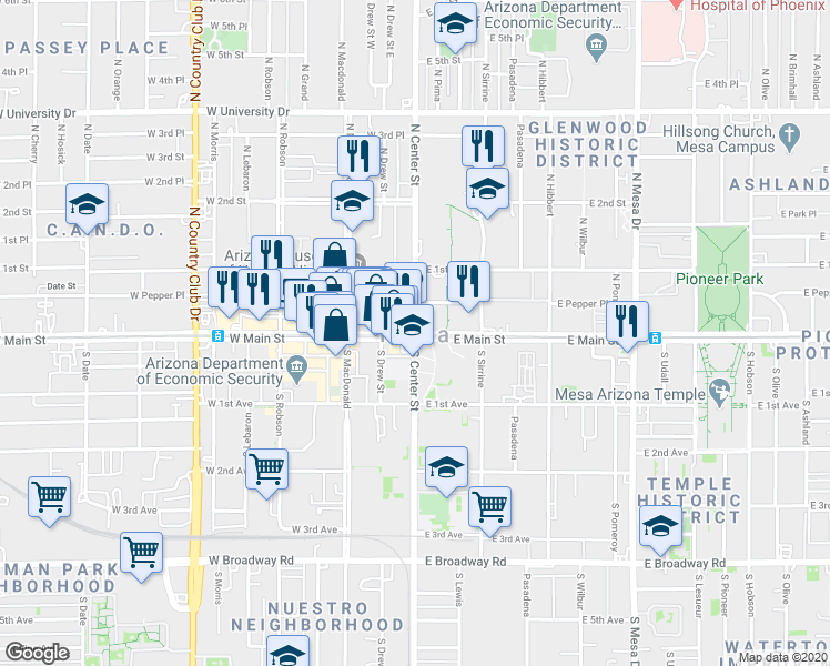 map of restaurants, bars, coffee shops, grocery stores, and more near E Main St & W Main St in Mesa