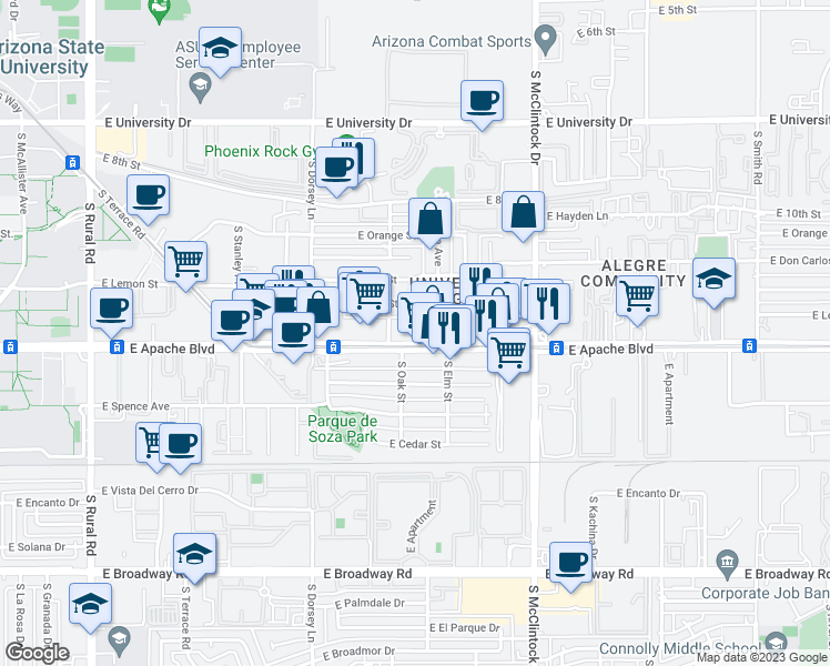 map of restaurants, bars, coffee shops, grocery stores, and more near 1450 East Apache Boulevard in Tempe