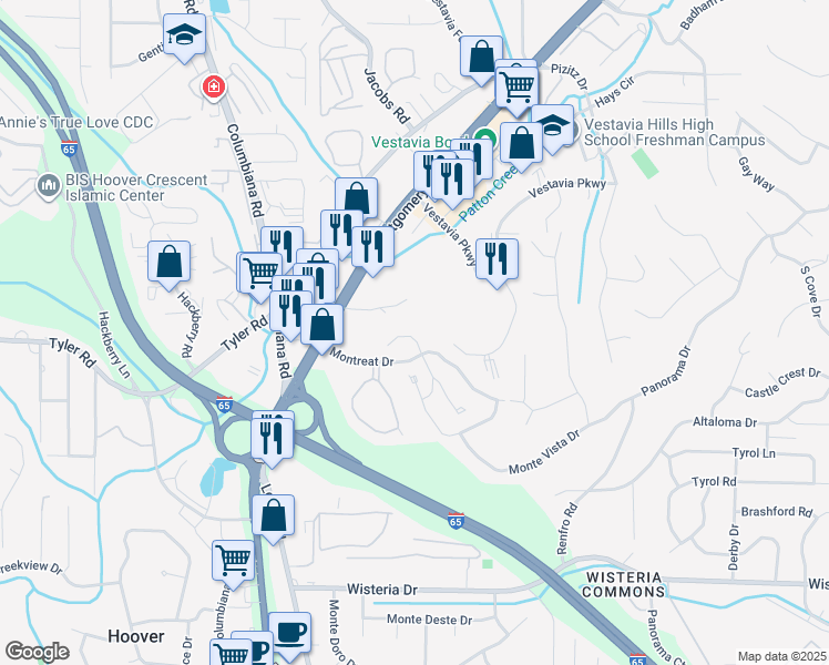 map of restaurants, bars, coffee shops, grocery stores, and more near 2114 Montreat Lane in Vestavia Hills