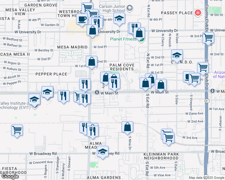 map of restaurants, bars, coffee shops, grocery stores, and more near 1024 West Main Street in Mesa