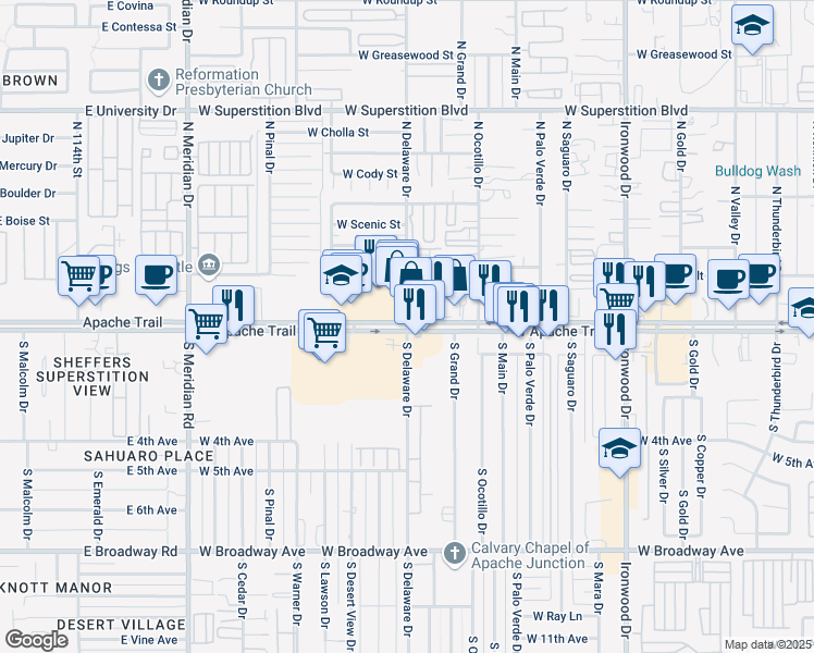 map of restaurants, bars, coffee shops, grocery stores, and more near 2384 Apache Trail in Apache Junction