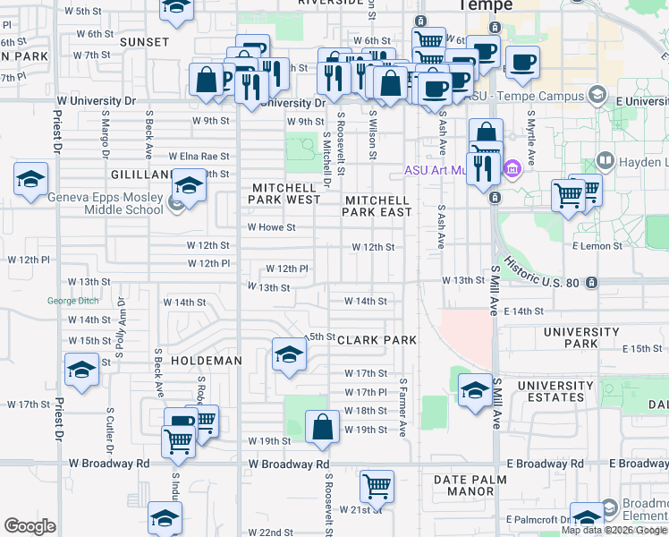 map of restaurants, bars, coffee shops, grocery stores, and more near 1215 South Judd Street in Tempe