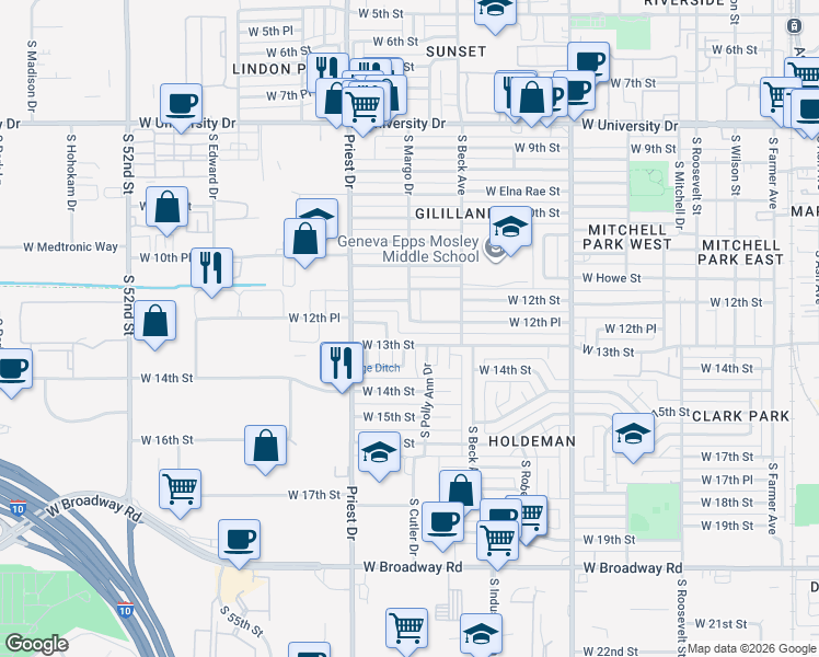 map of restaurants, bars, coffee shops, grocery stores, and more near 1254 West 12th Place in Tempe