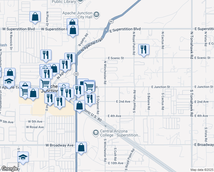 map of restaurants, bars, coffee shops, grocery stores, and more near 430 East Junction Street in Apache Junction