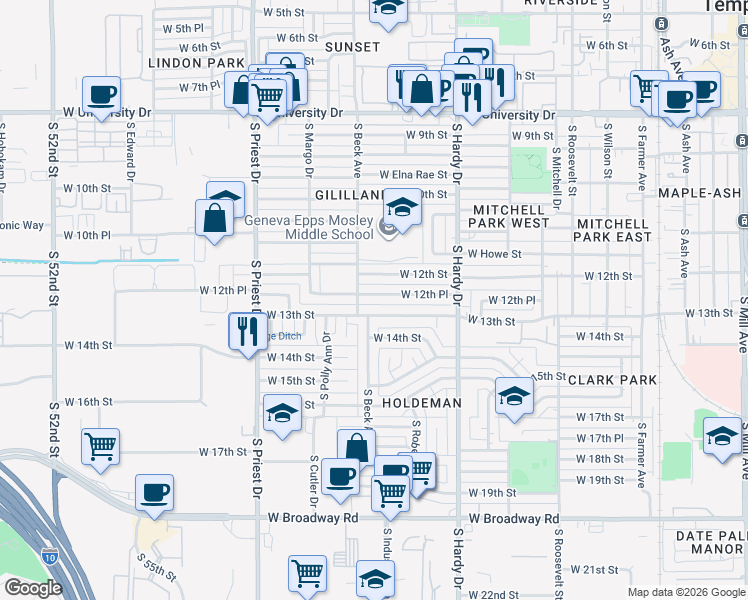 map of restaurants, bars, coffee shops, grocery stores, and more near 1128 West 12th Place in Tempe
