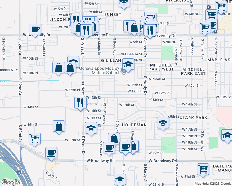 map of restaurants, bars, coffee shops, grocery stores, and more near 1207 West 12th Place in Tempe