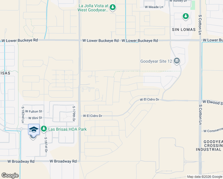 map of restaurants, bars, coffee shops, grocery stores, and more near 3421 179th Avenue in Goodyear