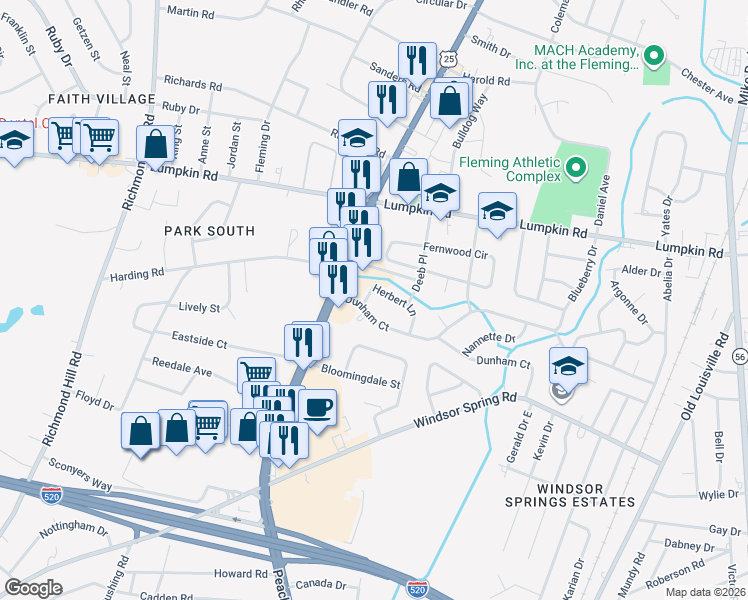 map of restaurants, bars, coffee shops, grocery stores, and more near 3007 Oleta Place in Augusta