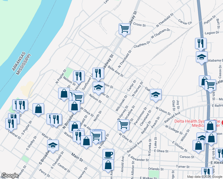 map of restaurants, bars, coffee shops, grocery stores, and more near 721 West Union Street in Greenville