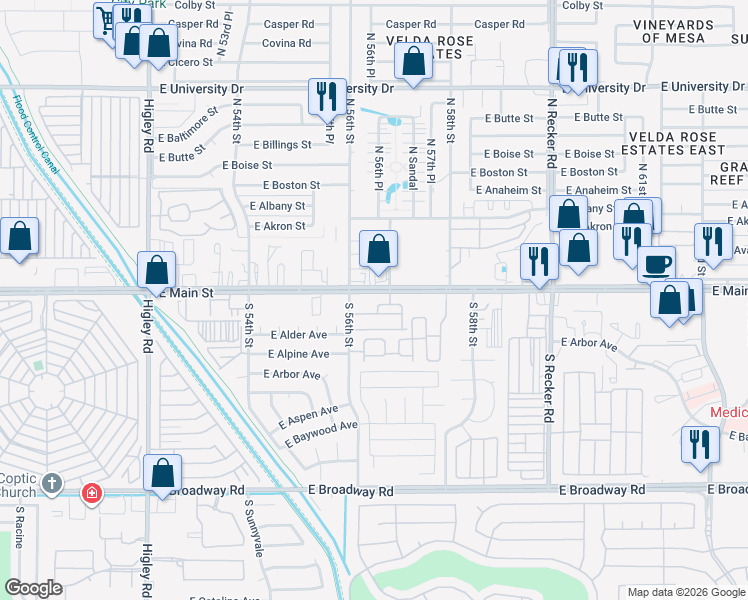 map of restaurants, bars, coffee shops, grocery stores, and more near 5626 East Main Street in Mesa