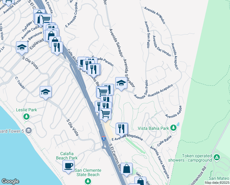 map of restaurants, bars, coffee shops, grocery stores, and more near 114 East Avenida San Gabriel in San Clemente