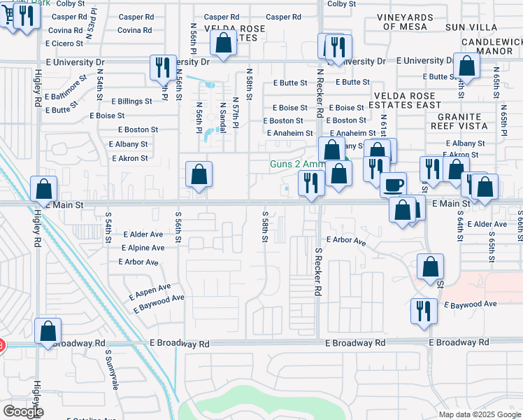map of restaurants, bars, coffee shops, grocery stores, and more near 5763 East Main Street in Mesa