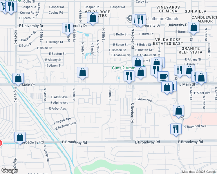map of restaurants, bars, coffee shops, grocery stores, and more near 5763 East Main Street in Mesa