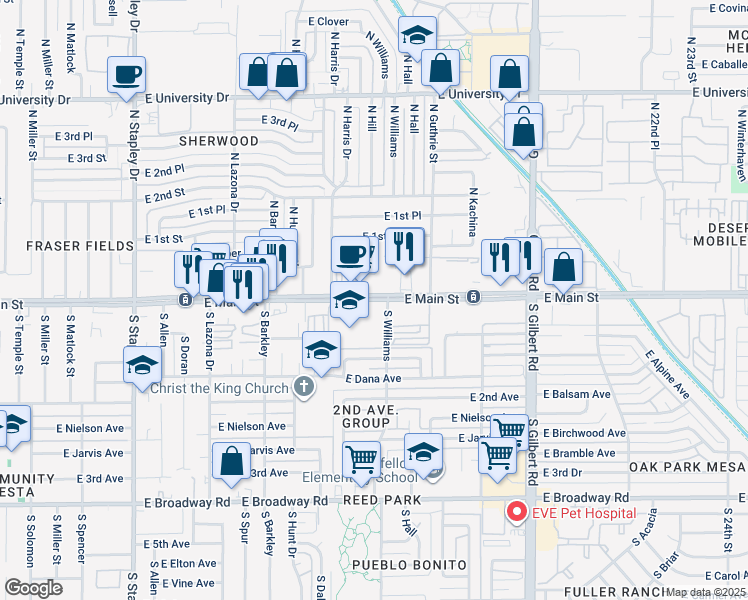 map of restaurants, bars, coffee shops, grocery stores, and more near 1649 East Main Street in Mesa