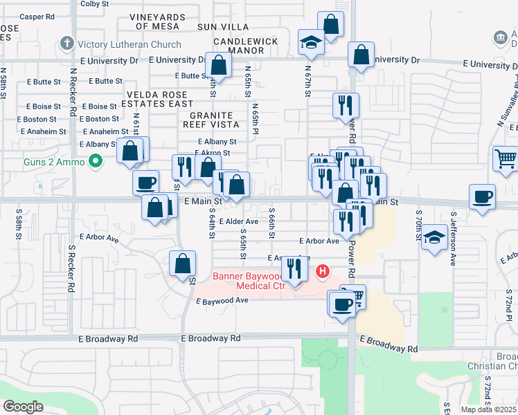 map of restaurants, bars, coffee shops, grocery stores, and more near 6547 East Main Street in Mesa