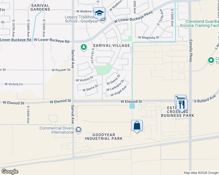 map of restaurants, bars, coffee shops, grocery stores, and more near 16072 West Larkspur Drive in Goodyear