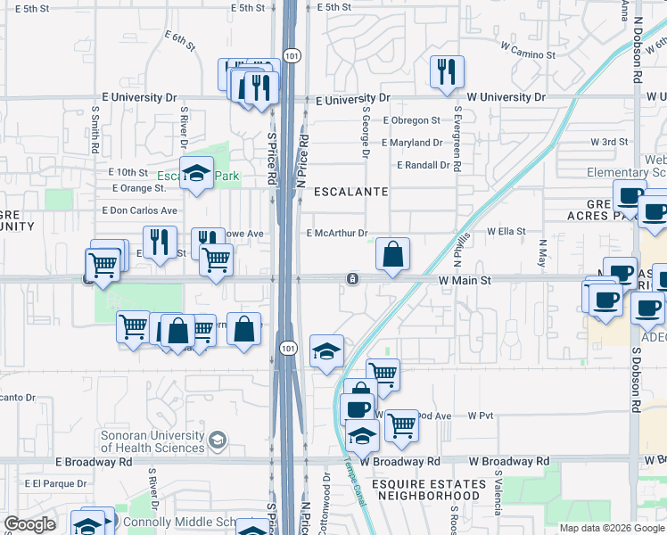 map of restaurants, bars, coffee shops, grocery stores, and more near 2320 East Apache Boulevard in Tempe