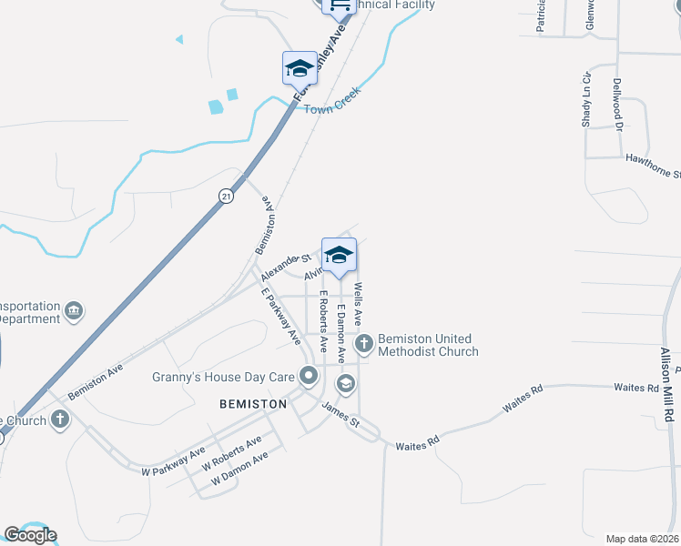 map of restaurants, bars, coffee shops, grocery stores, and more near 512 East Damon Avenue in Talladega