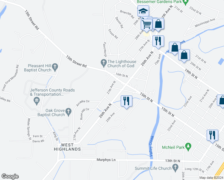map of restaurants, bars, coffee shops, grocery stores, and more near 2624 15th Street North in Bessemer