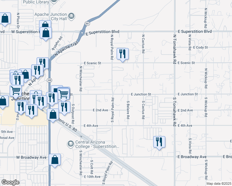 map of restaurants, bars, coffee shops, grocery stores, and more near 836 East Junction Street in Apache Junction