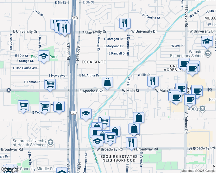 map of restaurants, bars, coffee shops, grocery stores, and more near 2420 East Apache Boulevard in Tempe