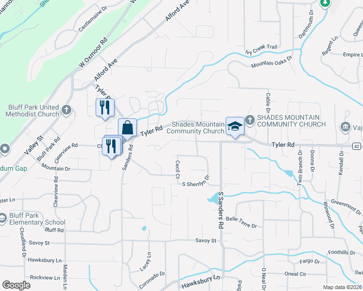 map of restaurants, bars, coffee shops, grocery stores, and more near 2244 Partridge Lane in Birmingham