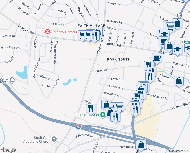 map of restaurants, bars, coffee shops, grocery stores, and more near 2326 Harding Court in Augusta