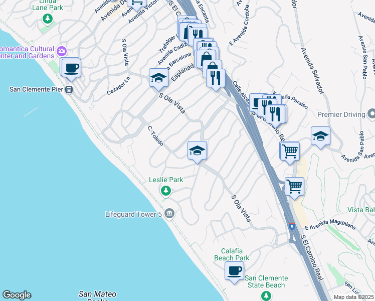 map of restaurants, bars, coffee shops, grocery stores, and more near 218 Avenida Princesa in San Clemente