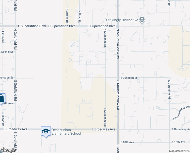map of restaurants, bars, coffee shops, grocery stores, and more near 57 North Roadrunner Road in Apache Junction