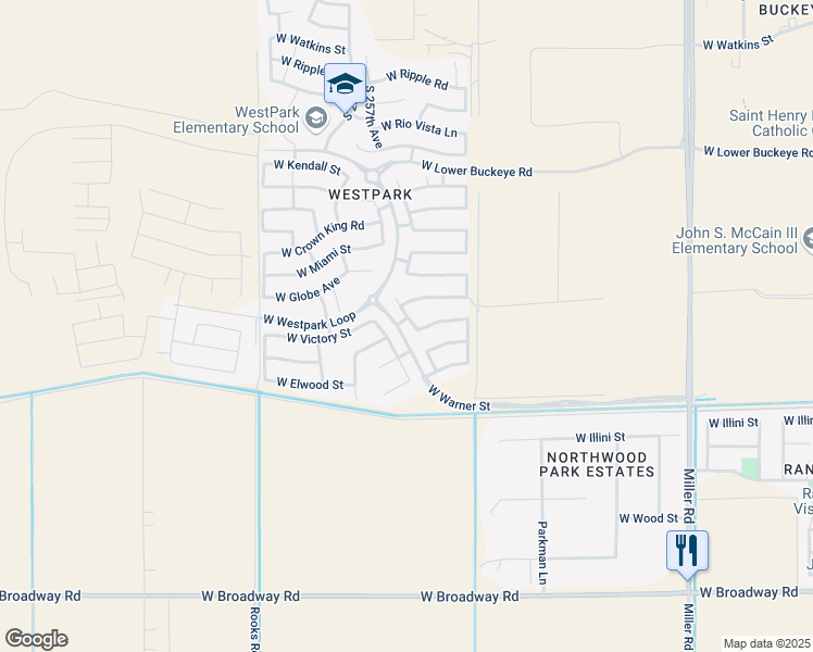 map of restaurants, bars, coffee shops, grocery stores, and more near 3410 South 256th Drive in Buckeye
