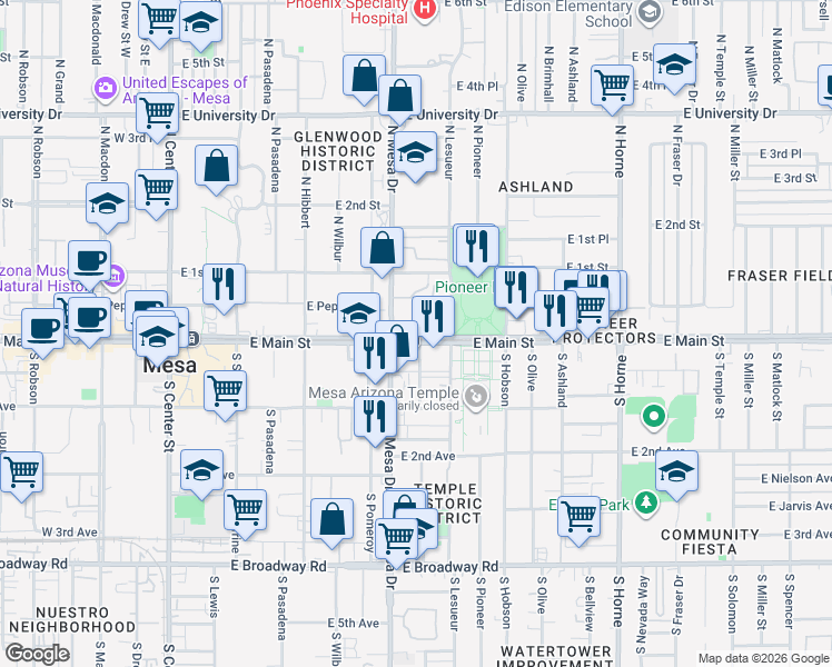 map of restaurants, bars, coffee shops, grocery stores, and more near 428 East Main Street in Mesa
