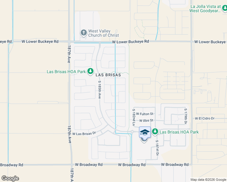 map of restaurants, bars, coffee shops, grocery stores, and more near 3425 South 184th Drive in Goodyear