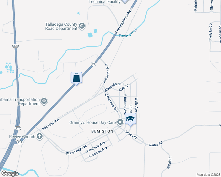 map of restaurants, bars, coffee shops, grocery stores, and more near 111 Alexander Street in Talladega