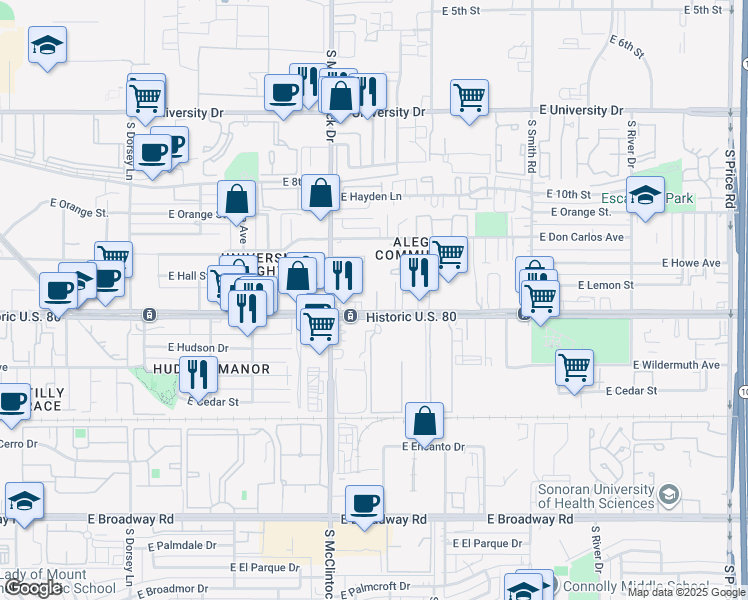 map of restaurants, bars, coffee shops, grocery stores, and more near 1820 East Apache Boulevard in Tempe