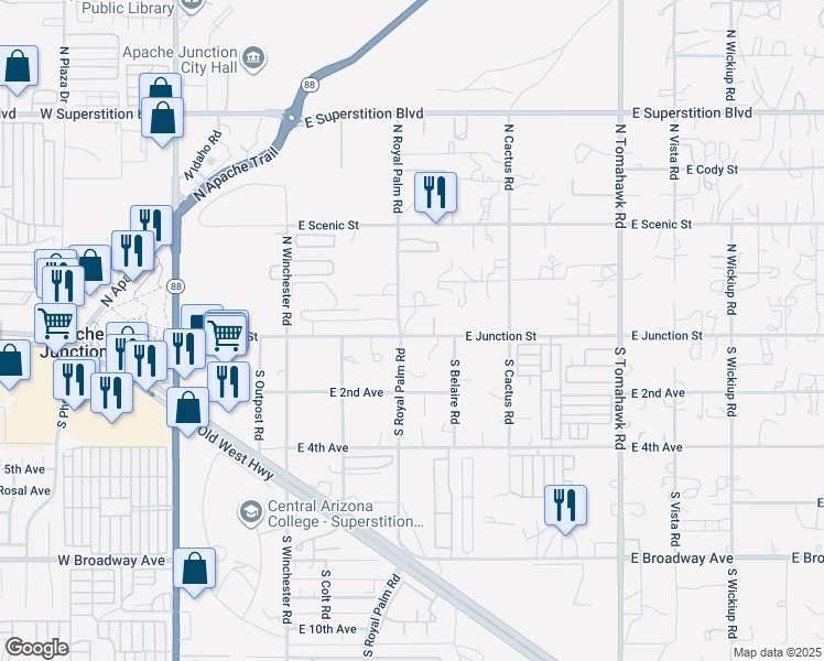 map of restaurants, bars, coffee shops, grocery stores, and more near 836 East Junction Street in Apache Junction