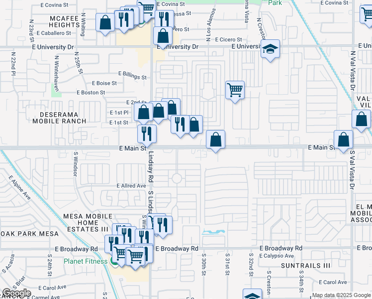 map of restaurants, bars, coffee shops, grocery stores, and more near 2926 East Main Street in Mesa