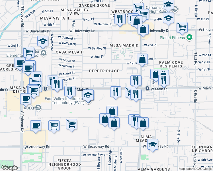 map of restaurants, bars, coffee shops, grocery stores, and more near 1406 West Main Street in Mesa