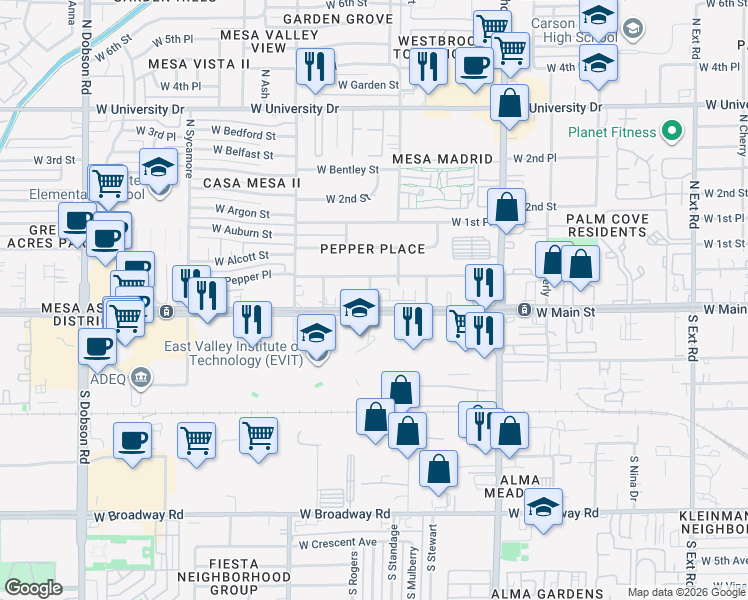 map of restaurants, bars, coffee shops, grocery stores, and more near 20 North Rogers in Mesa