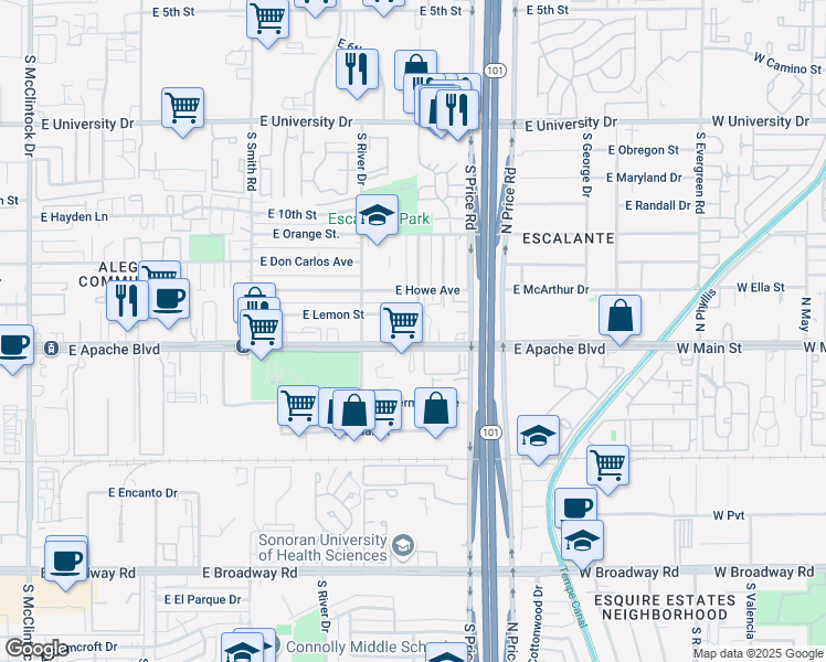 map of restaurants, bars, coffee shops, grocery stores, and more near 2145 East Lemon Street in Tempe