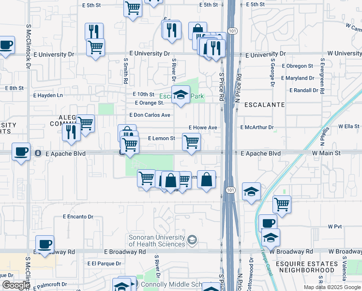 map of restaurants, bars, coffee shops, grocery stores, and more near 2102 East Apache Boulevard in Tempe