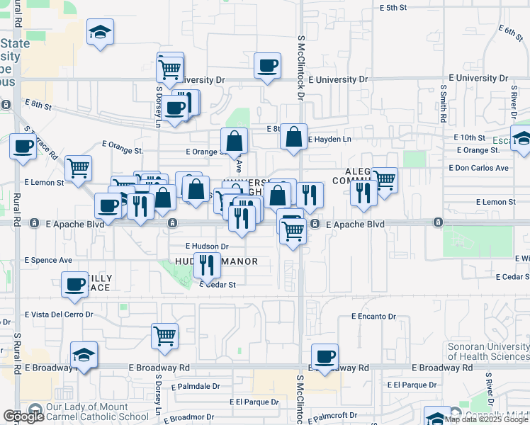 map of restaurants, bars, coffee shops, grocery stores, and more near 1602 East Apache Boulevard in Tempe