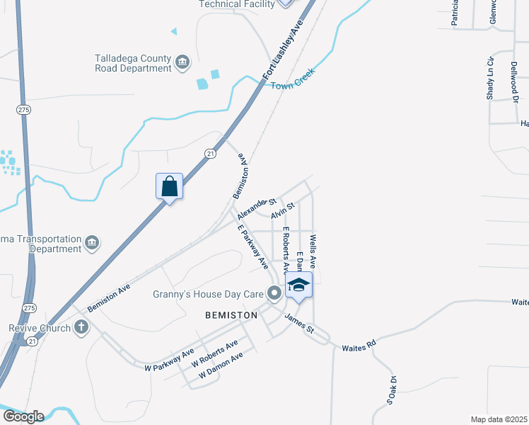 map of restaurants, bars, coffee shops, grocery stores, and more near 111 Alexander Street in Talladega