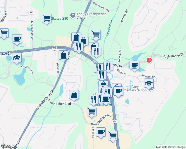 map of restaurants, bars, coffee shops, grocery stores, and more near 924 Greystone Highlands Circle in Birmingham